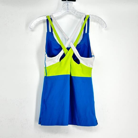 Nike Dri-FIT Advantage Athletic Tank Top Small Blue White Lime Criss Cross Back - Picture 2 of 11